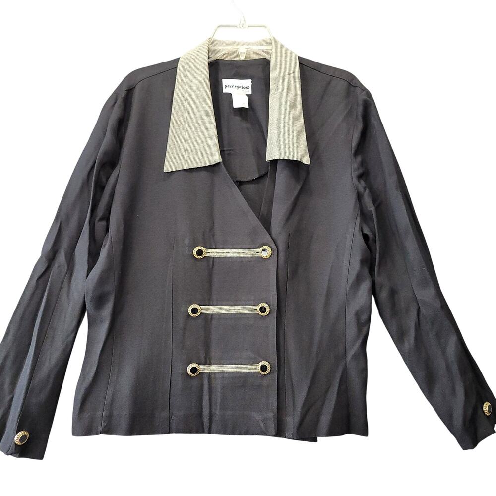 Perceptions Black Shirt Vintage Preppy Button Up Chic Long Sleeves Women Size 14